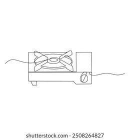 A line drawing of a single burner gas stove with a control knob on the right and a gas inlet pipe on the left. The burner is central, with support arms for holding cookware