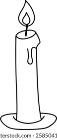 Line drawing of a single, lit candle with dripping wax. Simple, black outline on white background. The flame is pointed.