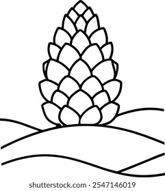 Line drawing of a single pine cone atop gently rolling hills. Black outline on white background. Simple, minimalist style.