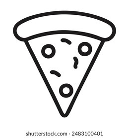 Line drawing of a single slice of pizza with olives. Vector illustration