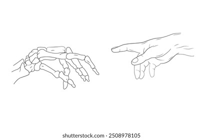 Un dibujo de línea de una mano esquelética que llega hacia una mano humana.