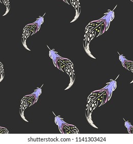 Line drawing sketch colorful feather pattern. Vector seamless background with avian symbols. Wild nature decoration on black backdrop. Hand drawn graphic illustration.