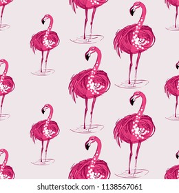 Line drawing sketch fashion flamingo pattern. Vector seamless background with tropical fashion symbols. Wild nature decoration on pink backdrop. Black hand drawn graphic illustration.