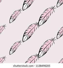 Line drawing sketch feather pattern. Vector seamless background with black hand drawn feathers on pink backdrop.