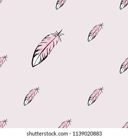 Line drawing sketch feather pattern. Vector seamless background with black hand drawn feathers on pink backdrop.