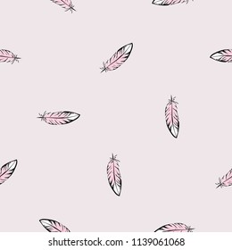 Line drawing sketch feather pattern. Vector seamless background with black hand drawn feathers on pink backdrop.