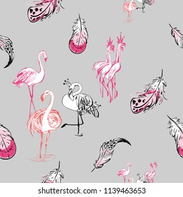 Line drawing sketch feathers and flamingo birds. Vector seamless pattern background with hand drawn graphic paradise symbols on gray backdrop. 