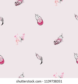 Line drawing sketch feathers and flamingo birds. Vector seamless pattern background with hand drawn graphic paradise symbols on pink backdrop. 