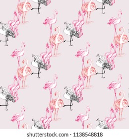 Line drawing sketch flamingo birds pattern. Vector seamless background with paradise symbols. Wild nature decoration on pink backdrop. Black hand drawn graphic illustration.