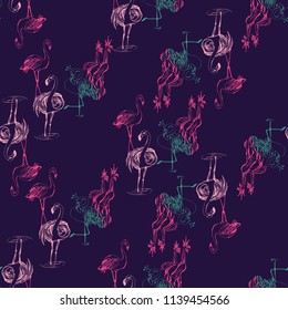 Line drawing sketch flamingo birds pattern. Vector seamless black background with paradise symbols. Wild nature decoration on pink backdrop. Soft pink hand drawn graphic illustration.