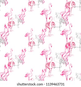 Line drawing sketch flamingo birds pattern. Vector seamless background with paradise symbols. Wild nature decoration on pink backdrop. Black hand drawn graphic illustration.