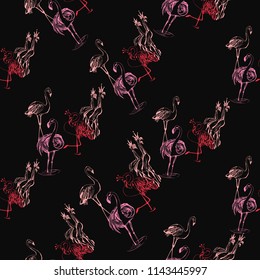 Line drawing sketch flamingo birds pattern. Vector pink seamless black background with paradise symbols. Wild nature decoration on pink backdrop. Black hand drawn graphic illustration.