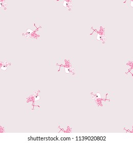 Line drawing sketch flamingo princess pattern. Vector seamless background with pink flamingo with crown. Wild nature decoration on pink backdrop. Black hand drawn graphic illustration.
