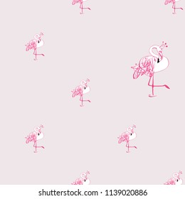 Line drawing sketch flamingo princess pattern. Vector seamless background with pink flamingo with crown. Wild nature decoration on pink backdrop. Black hand drawn graphic illustration.