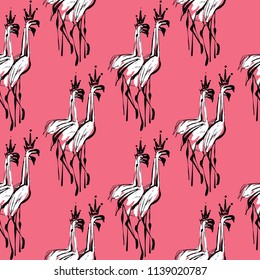 Line drawing sketch flock of flamingos pattern. Vector seamless background with black flamingo with crowns. Black hand drawn graphic illustration.