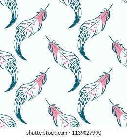 Line drawing sketch long feather pattern. Vector seamless background with avian symbols. Wild nature decoration on white backdrop. Pink green hand drawn graphic illustration.