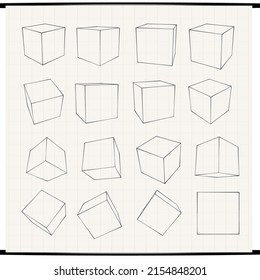 Line Drawing Or Sketch Or Outline Cube Or 3D Square Or Dice Element With Different Angles On Grid Paper Background