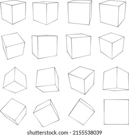 Line drawing or sketch or outline cube or 3D square or dice element with different angles on white background