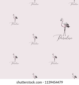 Line drawing sketch paradise flamingo pattern. Vector seamless background with paradise symbols. Wild nature decoration on pink backdrop. Black hand drawn graphic illustration.