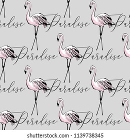 Line drawing sketch paradise flamingo pattern. Vector seamless background with paradise symbols. Wild nature decoration on pink backdrop. Black hand drawn graphic illustration.