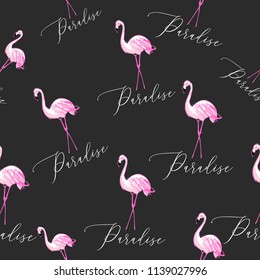 Line drawing sketch paradise pink flamingo pattern. Vector seamless background with paradise symbols. Wild nature decoration on black backdrop. White hand drawn graphic illustration.