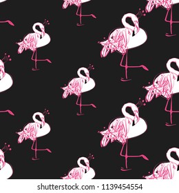 Line drawing sketch pink flamingo princess pattern. Vector seamless background with pink flamingo with crown. Wild nature decoration on black backdrop. Black hand drawn graphic illustration.