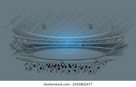 Line drawing Sketch of Stadium Vector. Cricket stadium line drawing illustration. Soccer playground Sketch on dark background