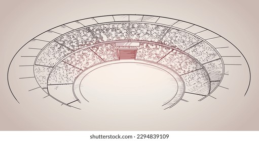 Line drawing Sketch of Stadium with Watercolor splash Vector. Top view Cricket stadium line drawing illustration. Soccer playground with colorful Watercolor effect vector