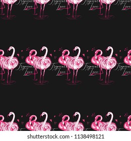 Line drawing sketch tropic feathers and flamingo love couple pattern. Vector seamless background with paradise symbols. Wild nature decoration on black backdrop. Pink hand drawn graphic illustration.