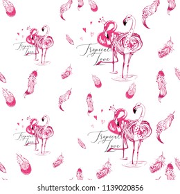 Line drawing sketch tropic feathers and flamingo love couple pattern. Vector seamless background with paradise symbols. Wild nature decoration on white backdrop. Pink hand drawn graphic illustration.