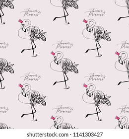 Line drawing sketch tropic princess pattern. Vector seamless background with summer flamingo birds on pink backdrop.