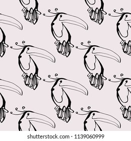 Line drawing sketch tropic toucan pattern. Vector seamless background with tropical birds on pink backdrop. Black hand drawn graphic illustration.