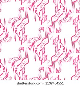 Line drawing sketch tropical flamingo pattern. Vector seamless background with enamored birds. Wild nature decoration on white backdrop. Pink hand drawn graphic illustration with flamingo.
