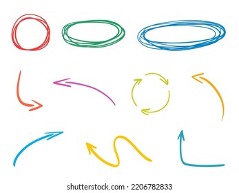 Line drawing. Sketchy geometric frames. Hand drawn simple elements. Freehand art. Abstract arrows. Colored infographic elements isolated on white. Colorful set of sketchy indicator signs