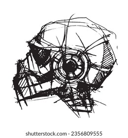 Dibujo de línea de un cráneo. La cabeza es un robot. Tecnología moderna. Desarrollo de inteligencia