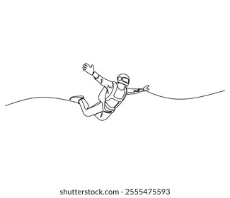 A line drawing of a skydiver free-falling with arms and legs extended, wearing a helmet and jumpsuit. Ideal for skydiving, adventure sports, and dynamic action themes