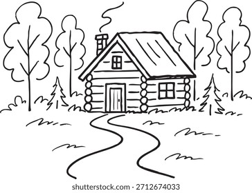 Dibujo de línea de una Pequeña casa con chimenea rodeada de árboles y un camino sinuoso.
