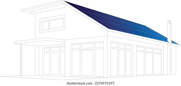 Line drawing of smart home with renewable energy source solar panels installed on the roof. Green city concept installer component system for electricity and power supply. Environment friendly energy.