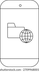 Um desenho de linha de uma tela de smartphone com uma pasta e um ícone de globo na tela