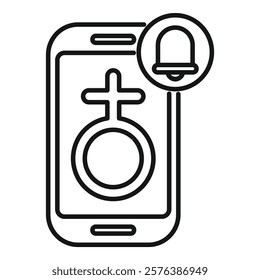 Line drawing of a smartphone displaying a female symbol with a notification bell, suggesting online dating and alerts