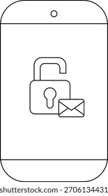 Desenho de linha de um smartphone com um cadeado aberto e símbolo de envelope
