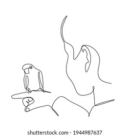 A line drawing of a smiling boy playing with his pet parrot. A man's hand, a parrot, and a boy. Vector sketch of a cartoon illustration isolated on a white background. Printing for T-shirts