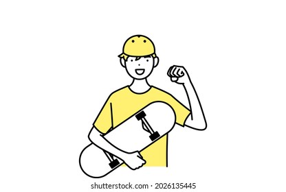 Line drawing of a smiling boy skater holding a skateboard and striking a gut punch
