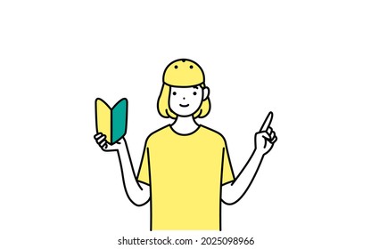 Line drawing of a smiling girl skater holding a beginner mark in her hand
