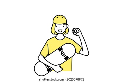 Line drawing of a smiling girl skater holding a skateboard and striking a gut punch
