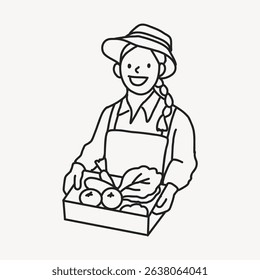 Line drawing of a smiling person in a hat and apron holding a box of vegetables. The illustration features a simple, cheerful design. Person, character illustration vector.