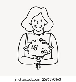 Line drawing of a smiling person holding a bouquet of flowers. Simple, minimalist style with bold outlines. Black and white illustration of a cheerful figure. Vector illustration.