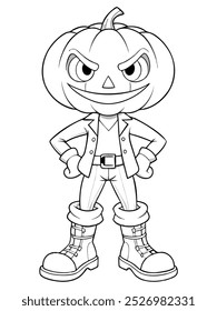 Line drawing of a smug pumpkin character in casual clothes, perfect for a Halloween coloring sheet