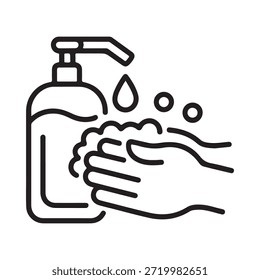 Line drawing of a soap dispenser with hands washing under it