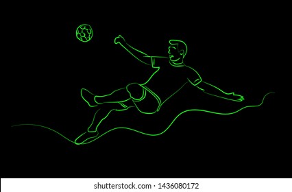 Line drawing, Soccer goalkeeper kicking off the ball isolation on black background.